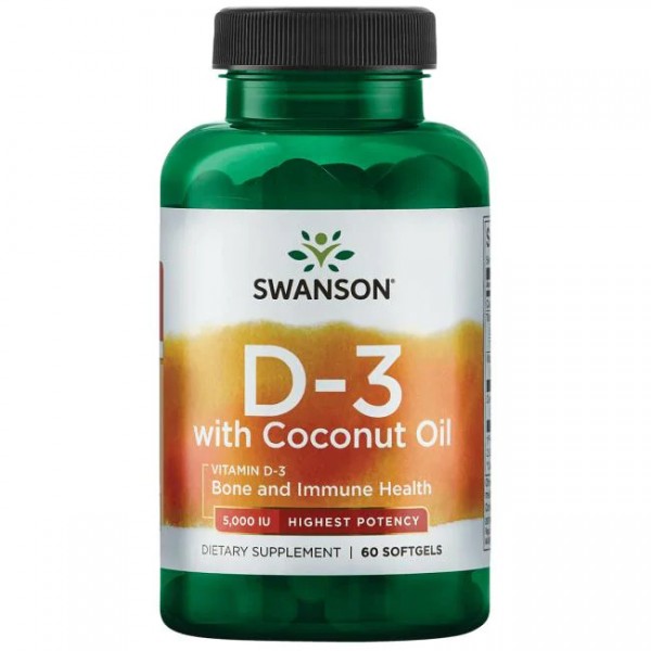 Vitamin D3 5000 IU (125mcg) + Organsko Kokosovo Ulje (with coconut oil) Kapsule Swanson - 60 Softgel Kapsula