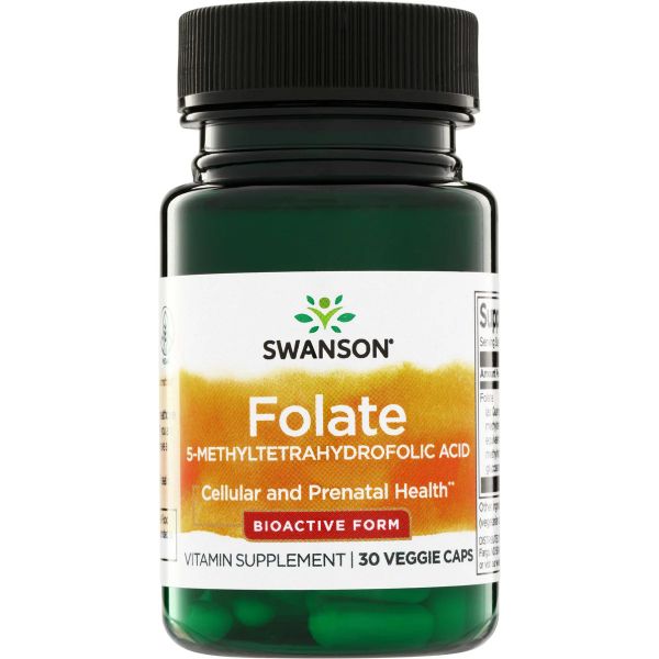 Folat (Vitamin B9, L-metilfolat, L-Methyl Folate, 5-MTHF, Quatrefolic®) Swanson 680 mcg DFE – 30 kapsula